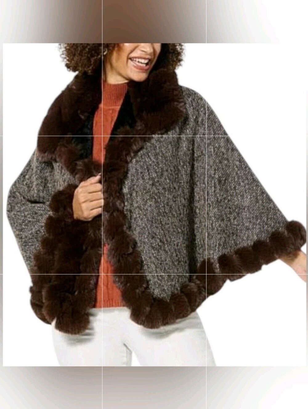 Vince Camuto Tweed Cape Sweater with Brown Faux Fur Shine Trim